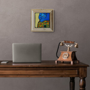 Tapytas paveikslas ant drobės „Laukiantis katinas”.2023. Drobė, aliejus, 20×20x5 cm. Dailininkė Asta Keraitienė