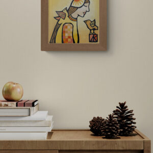 Tapytas paveikslas ant drobės „Angelas su paukščiais”.2023. Drobė, aliejus, 15×15 cm. Dailininkė Asta Keraitienė